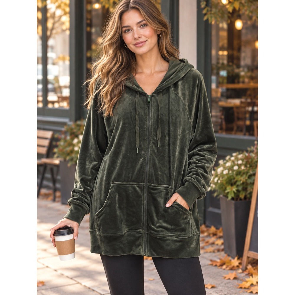 OFFLINE by Aerie Velour Full Zip Hoodie Women Large Olive Green Athleisure